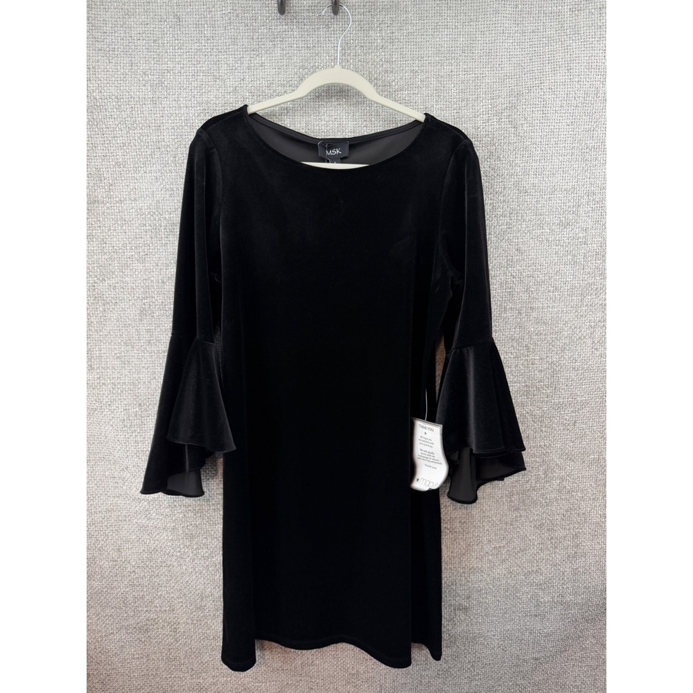 MSK Women's L Black Velvet Bell Sleeve Shift Dress with Matching Mask Classic